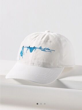 Anthropologie White Baseball Cap with Blue Swimwear Embroidery